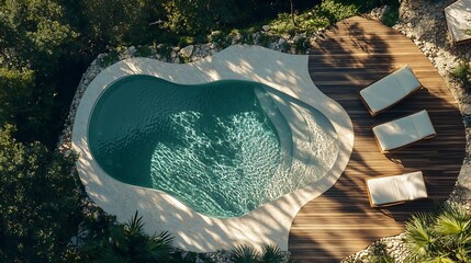 Poster - Aerial view of a swimming pool with wavy and curved shapes Around the pool there is wooden flooring and the garden with sunbeds Vacation house concept : Generative AI