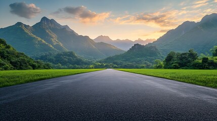 Poster - Asphalt road square and green mountain with sky clouds natural landscape at sunrise : Generative AI