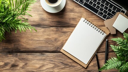 Leinwandbilder - Work from home desk office with laptop blank notepad coffee cup and pen on wood table Flat lay top view copy spce : Generative AI