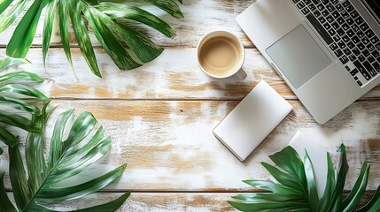 Poster - Office desk table Aesthetic workspace with laptop notepad coffee office supplies and green leaves on white wooden table Home office minimal bohemian style top view : Generative AI