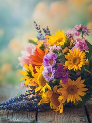 Wall Mural - A colorful arrangement of wildflowers brings joy with bright sunflowers, delicate lavender, and cheerful daisies under natural sunlight. Generative AI