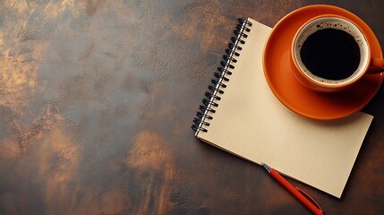 Fototapete - Overhead above close up flat lay view photo of laptop notebook with cup of coffee notice paper pen isolated brown light table with blank empty space : Generative AI