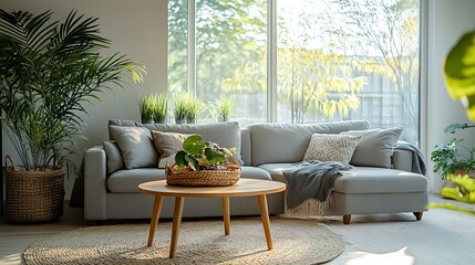 Poster - Interior of light living room with cozy grey sofas coffee table and big window : Generative AI