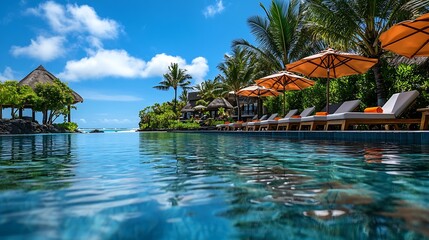 Poster - Tropical paradise best beaches of Mauritius island luxury resorts Recreational tourism landscape Luxurious beach resort with spa swimming pool and beach chairs or leisure loungers unde : Generative AI