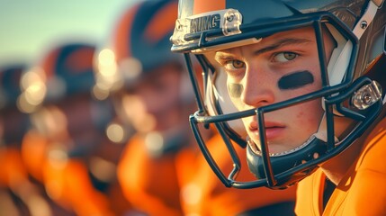 A team of football players huddled together before a play, the quarterback giving instructions as they prepare for the next down 