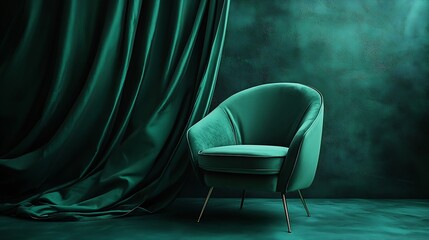 Fototapete - Portrait of empty chair in abstract dark green background Fabric background : Generative AI
