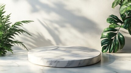 Fototapete - Round marble table top with tree leaves shadow drop on white wall background for mockup product display : Generative AI