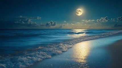 Poster - calm sea scenery at night waves wash empty sandy beach in full moon light relax and summer vacation concept warm velvet season weather with clouds on the sky : Generative AI