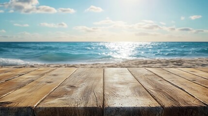 Leinwandbilder - Empty wooden table or pier with sunny beach and sea on background With copy space for your product : Generative AI