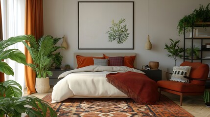 Wall Mural - Warm and cozy bedroom interior with mock up poster frame beige and orange bedding patterned rug black rack plants red armchair plaid curtain and personal accessories Home decor Templat : Generative AI