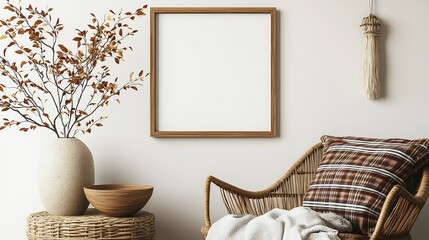 Warm and cozy composition of living room interior with mock up poster frame wooden consola bowl rattan armchair plaid vase with branch and personal accessories Home decor Template : Generative AI