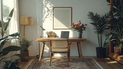 Wall Mural - Creative composition of cozy workplace with mock up poster frame wooden desk rattan chair black rack simple lamp vase with flowers patterned carpet and personal accessories Home decor  : Generative AI