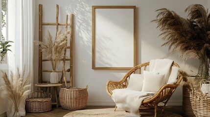 Sticker - Boho and cozy interior of living room with design rattan armchair pillows mock up poster frame side tables lamp bamboo ladder decoration and personal accessories Stylish home decor Tem : Generative AI