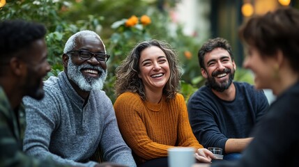 Mature group of people sitting together on coffee time outdoor Cheerful handsome people of different nationalities laughing chilling and having conversation Copy space : Generative AI