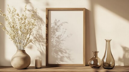 Wall Mural - wooden frame on beige wall frame mockup : Generative AI