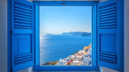 View from an open window with blue shutters of the Aegean sea caldera coastline and whitewashed town of Oia Santorini Greece : Generative AI