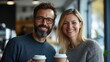 © Generative AI - Woman and man with cups of coffee in office : Generative AI