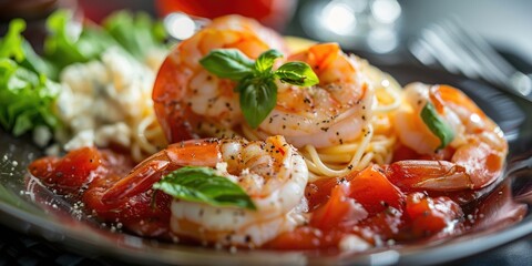 Wall Mural - Shrimp served with a vibrant tomato sauce, accompanied by a green Caesar salad and either spaghetti or angel hair pasta.