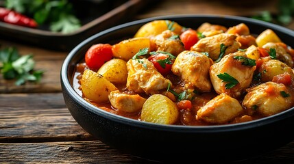 Canvas Print - Apricus Curry Chicken Stew with cherry tomato potato and green chilli served in dish isolated on wooden table side view of italian fastfood : Generative AI