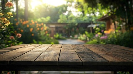 Poster - Select tive focusEmpty wood table top on blur abstract garden flower with cozy house backgroundFor montage product display or design key visual layout : Generative AI