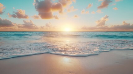 Sunset on the beach Beautiful tranquil scene of empty sand beach turquoise colored water and cloudy sky : Generative AI