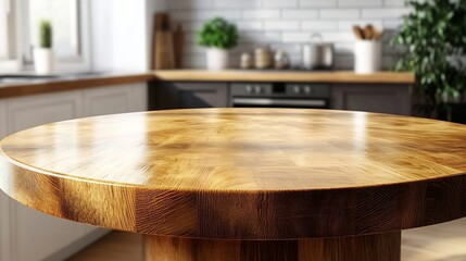 Poster - Empty beautiful round wood tabletop counter on interior in clean and bright kitchen background Ready for display Banner for product montage : Generative AI