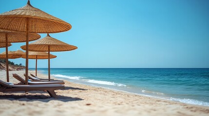 Wall Mural - Straw umbrellas on empty beach Beautiful empty beach with sun umbrellas and sunbeds Perfect summer vacation destination : Generative AI