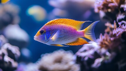 Sticker - Big fishes in aquarium blue sea water in coral reef : Generative AI