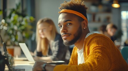 Poster - Group of positive business colleagues working together on project in modern coworking : Generative AI