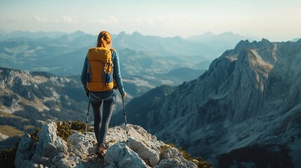 Hiker successfully climbed mountain summit Woman with backpack hiking in mountains : Generative AI