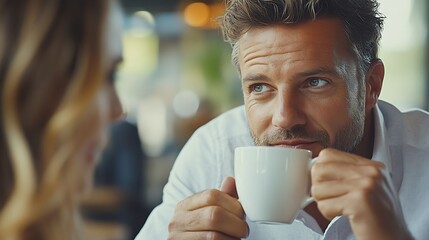 Poster - Closeup image of a businessman holding a cup of coffee and sipping coffee while enjoying talking with a female colleague in the office Coffee break concept : Generative AI