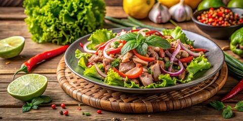 Thai cuisine spicy pork salad on wooden background with fresh ingredients , Yum Moo Yor, Thai food, traditional, appetizer, spicy