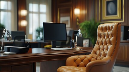 Aufkleber - Directors office with large wooden table leather armchair and PC Interior design : Generative AI