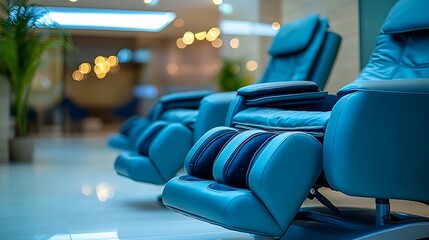 Poster - Comfortable soft massage blue chairs for clients with a ottoman for foot massage and other procedures cosmetic care : Generative AI