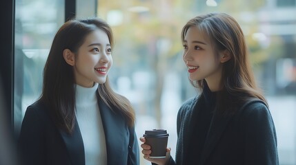 Poster - two young asian businesswomen standing chatting talking and holding coffee by the window in office : Generative AI