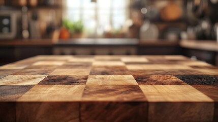Poster - Wooden board empty table background kitchen blurred background : Generative AI