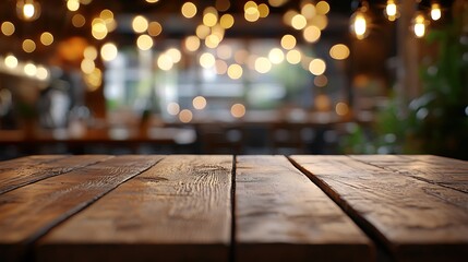 Wall Mural - Empty wooden table top with lights bokeh on blur restaurant background : Generative AI