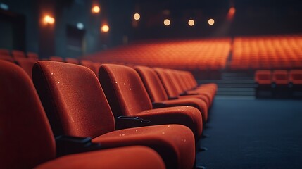 Aufkleber - Close up of orange red seats in dark empty cinema hall with copy space Background with rows of chairs with selective focus Concept of event theatre conference show presentation audienc : Generative AI