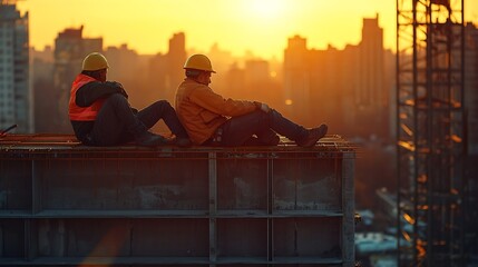 construction workers are resting on the roof of the building : Generative AI