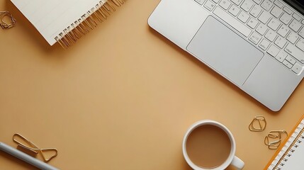 Poster - Overhead above close up flat lay view photo of laptop keyboard cup of beverage sticker binder clips spiral copy book with grey pen isolated brown backdrop with empty blank space : Generative AI
