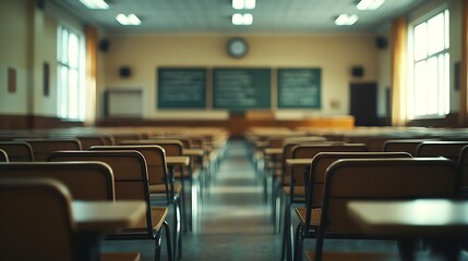 Fototapete - Empty defocused university classroom Blurred school classroom without students with empty chairs and tables Business conference room : Generative AI