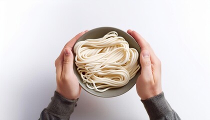 White hands of man holding udon on white background isolated