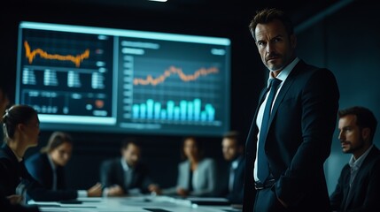 Poster - A business leader presents financial data to his team during a meeting in a modern office Leader stands near a large screen displaying a chart while the team members sit at a table in  : Generative AI