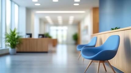 Poster - Blur background of reception area in a modern medical clinic with blue chairs and wooden counter Modern lobby Healthcare facility interior design concept Design for poster wallpaper Sp : Generative AI