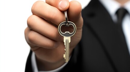 Real estate agent holding key on white background : Generative AI