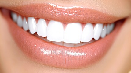 Close-Up of a Smiling Mouth with Shiny Teeth: Captures a close-up of a smiling mouth with bright, shiny teeth, emphasizing dental health and a confident smile.