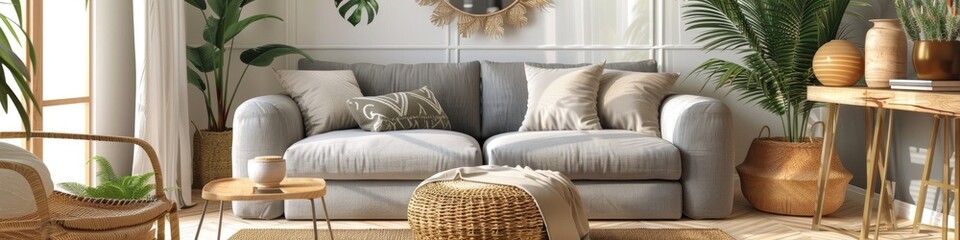 Poster - Contemporary living room interior featuring a grey sofa, coffee table, pouf, basket, shelf, mirror, tropical plant decor, carpet, cushions, and chic personal accessories.