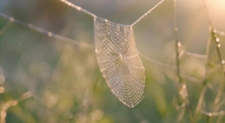 A delicate, intricate spider web covered in dew, shining in the morning light.