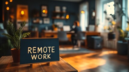 A sign that reads REMOTE WORK” - A person working from home at that home office desk - blurred background - remote work - remote job - hybrid job - natural light 