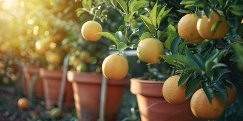 Canvas Print - Mature grapefruits on trees housed in large decorative containers